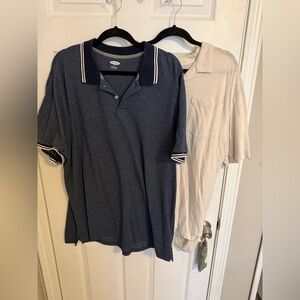 Two Old Navy polo shirts. Blue and White. Gently worn. Pocket polo. Tall polo.